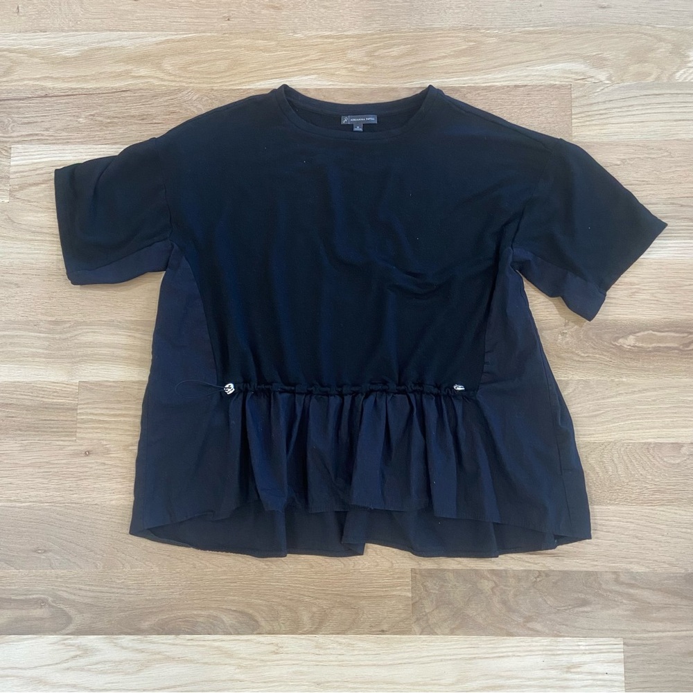 Adrianna Papell Black Short Sleeve Ruffle Tee Mixed Material Cinch Waist